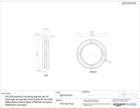 Drop Dead Heavy Duty Single Direction Thrust Ball Bearing Model 51109 technical drawing, dimensions and specifications.