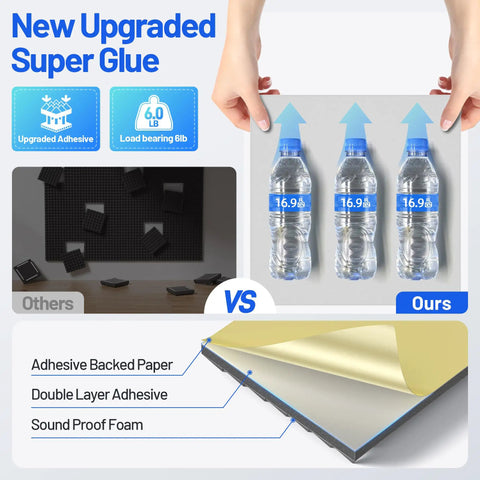 Image comparing adhesive quality for 12 Pack Soundproof Foam Panels Ditch The Echo Now With Self Adhesive Peel And Stick Ultra High Density Wall Acoustic Tiles.