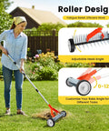 Wheeled Thatch Rake For Moss And Leaves, Adjustable Dethatching Roller With 0 To 12 Degree Angle, 37 To 65 Inch Handle
