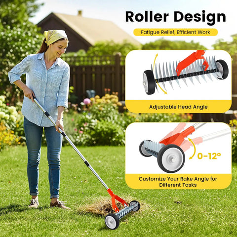 Wheeled Thatch Rake For Moss And Leaves, Adjustable Dethatching Roller With 0 To 12 Degree Angle, 37 To 65 Inch Handle