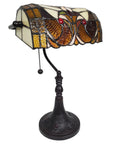 Tiffany Style Stained Glass Desk Lamp With 16 Inch Tall Body Dark Amber Finish Swivel Arm And Tilting Shade Hand Cut 74 Piece