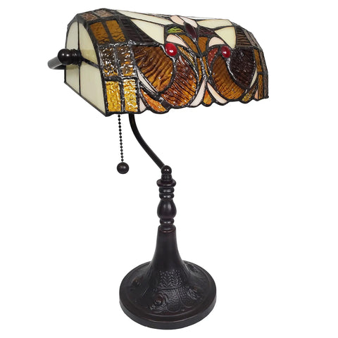 Tiffany Style Stained Glass Desk Lamp With 16 Inch Tall Body Dark Amber Finish Swivel Arm And Tilting Shade Hand Cut 74 Piece