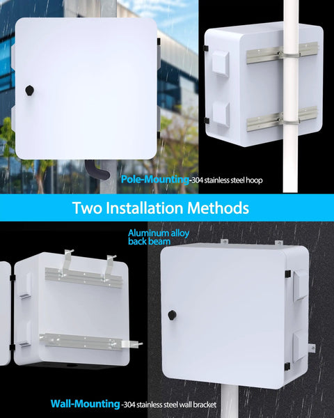 Heavy-Duty 24 X 24 X 12 Inch Galvanized Steel Electrical Junction Box Built Damn Tough With Rock-Solid Double-Layer Spray Coating, shown mounted on pole and wall.