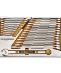 Amps Up Your Workshop Setup With This Badass 132 Piece Mechanics Kit Featuring Smooth Shifting 120xp Ratchets And Hi Viz Sae Metric Wrenches For 14 38 And 12 Inch Drives In Rugged Foam Trays showing organized wrenches.