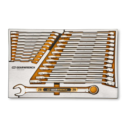 Amps Up Your Workshop Setup With This Badass 132 Piece Mechanics Kit Featuring Smooth Shifting 120xp Ratchets And Hi Viz Sae Metric Wrenches For 14 38 And 12 Inch Drives In Rugged Foam Trays showing organized wrenches.