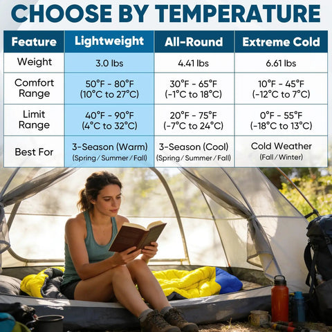 Lightweight Adult Sleeping Bag For Camping And Backpacking, Water Resistant And Machine Washable, Three Season Comfort From 50 To 80 F, Perfect For Spring Summer And Fall Trips, Long 7 Foot Length For Tall Hikers, Totally Cozy Blue displayed in tent with woman reading