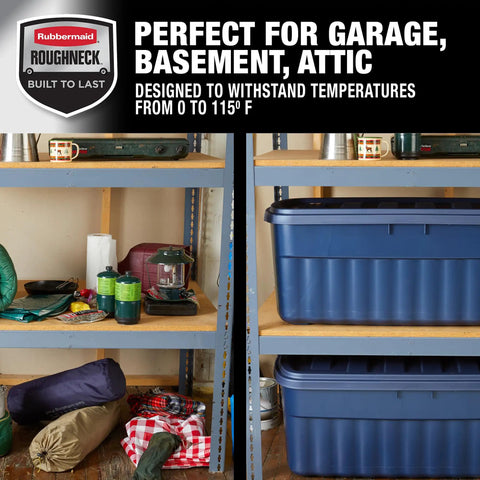 Heavy Duty 50 Gallon Stackable Plastic Storage Totes Two Pack With Secure Lids And Carry Handles Tough As Nails For Garage Junk Or Camping Gear Made In Usa For Real Deal Pros Who Get It Done