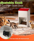 Heavy Duty Automatic Dog Feeder For Large Dogs With 25lb Gravity Bowl Clear Window View And Easy Push Gate Design For Big Hounds and Hustling Pet Parents Daily with adjustable knob and pets around.