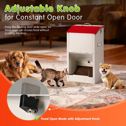 Heavy Duty Automatic Dog Feeder For Large Dogs With 25lb Gravity Bowl Clear Window View And Easy Push Gate Design For Big Hounds and Hustling Pet Parents Daily with adjustable knob and pets around.