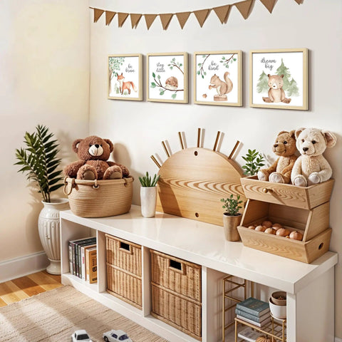 Framed Woodland Nursery Wall Art 4 Pack Cute Forest Animals Prints for Baby Kids Bedroom and Playroom Gallery Wall Set, 10x10 Inch Artwork Featuring Be Brave, Stay Little, Be Kind, Dream Big displayed on nursery wall.
