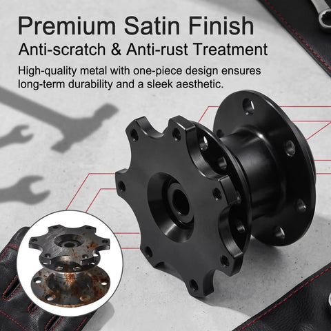 Slick Heavy Duty Quick Release Steering Wheel Adapter With Anti Theft Security Hub And Beefy Bolt On Heightening Boss Kit For Street Rods And Race Builds Black with premium satin finish.