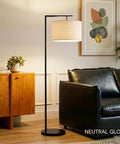 Modern LED Floor Lamp With Tan Fabric Shade Tall Corner Pole Standing Light For Living Rooms And Offices Ideal Bedroom Reading Light Black Finish That Fits Contemporary Home Decor And Brings A Bright Warm Vibe To Any Space next to black sofa and wooden cabinet
