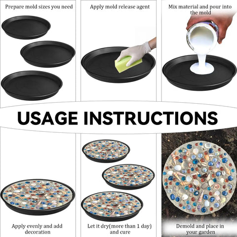 Usage instructions for Six Piece Round DIY Concrete Stepping Stone Molds Set In Three Sizes 10.2 Inch 11 Inch 12.6 Inch