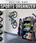 Premium Wooden Gear Organizer With Storage Hooks And Golf Bag Rack, sports balls, rackets and helmets neatly stored in garage