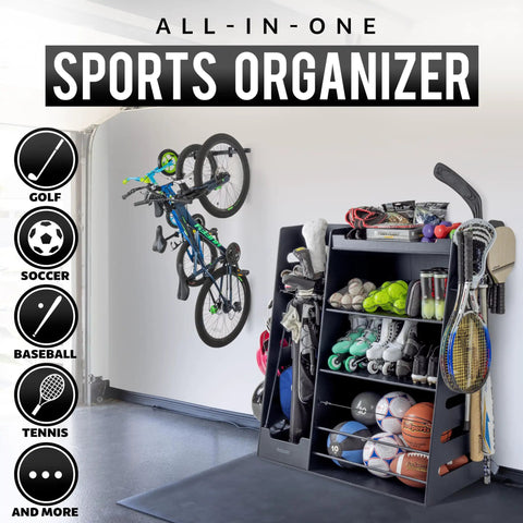 Premium Wooden Gear Organizer With Storage Hooks And Golf Bag Rack, sports balls, rackets and helmets neatly stored in garage