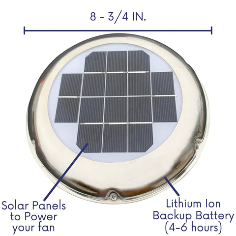 Top view of solar powered vent and fan with backup battery for boats, RVs, and sheds showing solar panels and dimensions.