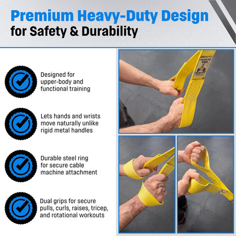 Heavy Duty Cable Machine Strap Attachment for upper body training with ergonomic soft grip, shown in yellow with durable steel ring.