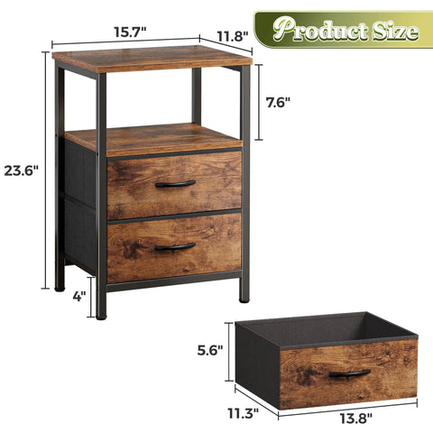 Dimensions of Two Drawer Nightstand Set With Open Shelf And Wooden Top Rustic Brown Bedside Table For Bedroom