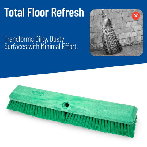 Heavy Duty Grit Crusher Plastic Push Broom Head 18 Inch Multi Surface Sweeper with Non Absorbent Block for cleaning surfaces.