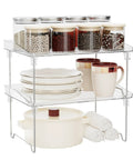 Heavy Duty 2 Pack Stackable Kitchen Counter Spice Rack And Cabinet Organizer Shelf Featuring Clear Plastic Base With Sturdy Stainless Steel Supports For Pantry Bathroom Vanity Organization That Truly Slaps with spices and dinnerware.