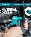 Heavy Duty Steel Plastic Rivet Gun Kit With Ergonomic Anti Slip Handle And Flush Cutter For Nylon Fasteners Auto Trim Do It Yourself Home Repairs One Hand Operation Runs Like Butter No Sweat Easy Pull Design Lightweight At Just Zero Point Eight Pounds, showing universal nozzle fitting various plastic rivets.