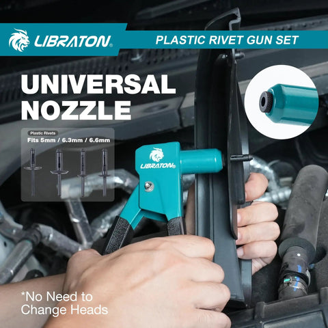 Heavy Duty Steel Plastic Rivet Gun Kit With Ergonomic Anti Slip Handle And Flush Cutter For Nylon Fasteners Auto Trim Do It Yourself Home Repairs One Hand Operation Runs Like Butter No Sweat Easy Pull Design Lightweight At Just Zero Point Eight Pounds, showing universal nozzle fitting various plastic rivets.