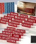 35 Pack Magnetic Toolbox Labels Set For Tool Chests And Drawers displayed with epoxy tags and organizer