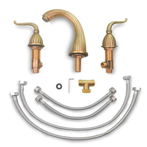 Antique Brass Two-Handle Three-Hole Bathroom Sink Faucet With Drip-Free Solid Brass Construction Hot And Cold Water Mixing Classic Vanity Tap Matching Metal Pop-Up Drain Assembly For Easy Install