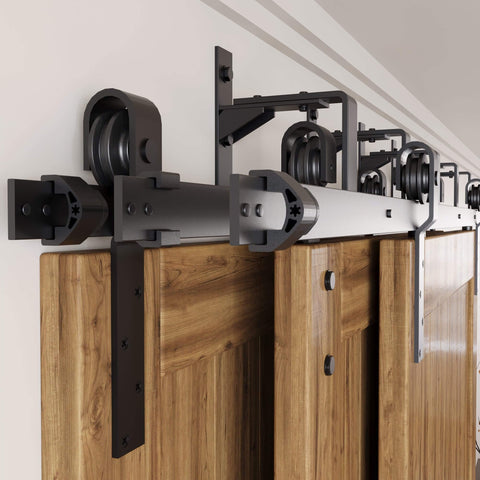 Triple Track Bypass Sliding Barn Door Hardware Kit For Interior Doors with Three 9 Foot Flat Tracks Installed