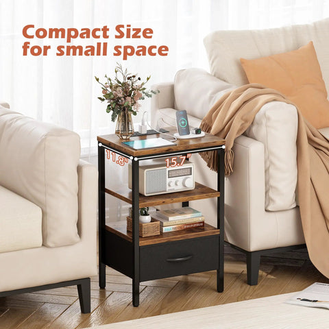 Nightstand With Charging Station And USB Ports, Bedside Table With Adjustable Fabric Drawer in living room setting