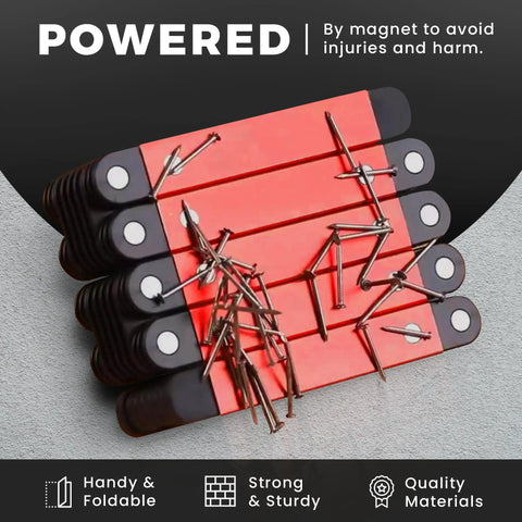 Foldable 28 Inch Pro Grade Level Tool Set with Magnetic Bubble, red, compact design with nails attached, illustration of magnetic strength