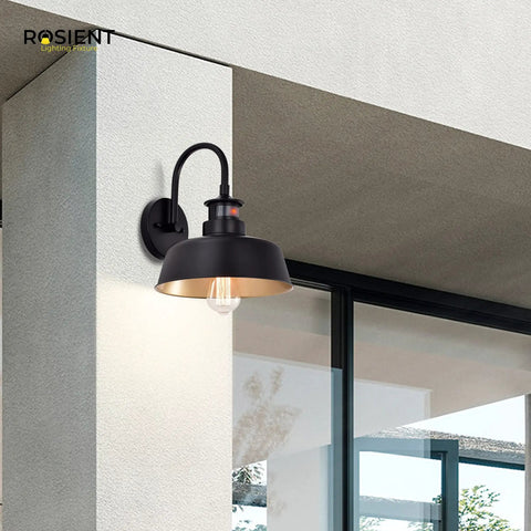 Motion Sensor Gooseneck Barn Lights Outdoor Wall Mount Porch Lights Industrial Farmhouse Sconces Black Finish Exterior Lighting Fixture, E26 Base, Requires Bulb Up To 100W, 2 Pack installed on modern wall