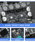 Close-up of a dual TPA3116D2 chip on a two channel 100W per side amplifier board for DIY wireless speakers with treble and bass control.