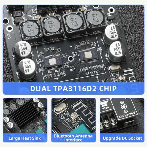 Close-up of a dual TPA3116D2 chip on a two channel 100W per side amplifier board for DIY wireless speakers with treble and bass control.