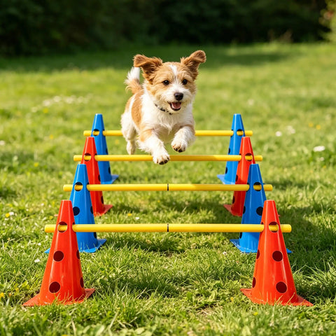 Small dog jumping over yellow hurdles in All In One Dog Agility Jump Set For Backyard Training with cones and poles.