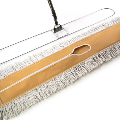 Workhorse Commercial Dust Mop 48 Inch with sturdy aluminum handle and reusable washable cotton head for easy cleaning.