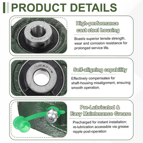 Half Inch Bore Self Aligning Pillow Block Bearing With Solid Cast Iron Base And Chrome Steel Flange Mount, Industrial Grade ABEC3 Precision, Includes Grease Nipple Cap And Wrench, Heavy Duty Mount showing bearing, self-aligning insert, and grease cap