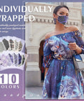 Woman wearing purple floral dress and checkered KN95 face mask from a 60 pack with 5 layer filtration, individually wrapped.