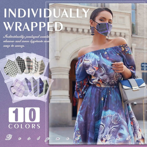 Woman wearing purple floral dress and checkered KN95 face mask from a 60 pack with 5 layer filtration, individually wrapped.