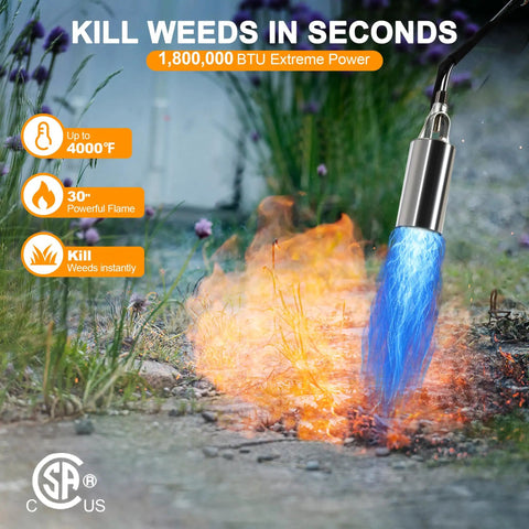 Beast Mode Heavy Duty Propane Weed Burner Torch With 1,800,000 BTU Flame Thrower igniting weeds with 30-inch high flame.
