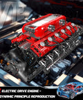 Mould King V12 Engine Model Kit That Runs With Battery And Gearshift, detailed motorized engine with visible pistons and gearshift.