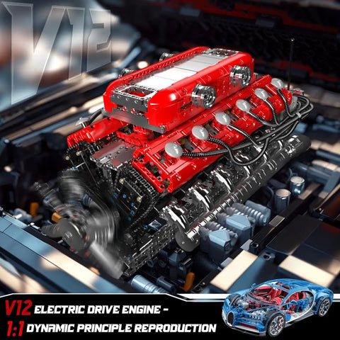 Mould King V12 Engine Model Kit That Runs With Battery And Gearshift, detailed motorized engine with visible pistons and gearshift.