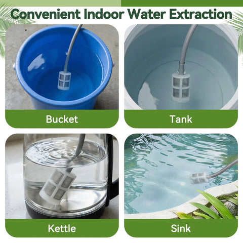 Telescoping Electric Plant Watering Wand For Indoor Hanging Plants With Ground Reach Pump shown in bucket, tank, kettle, sink