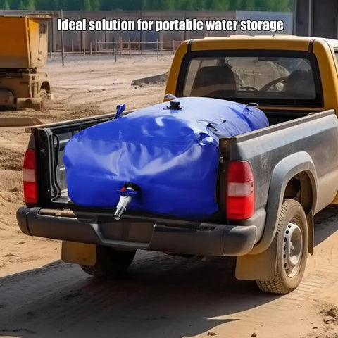 240L Foldable Water Storage Bladder for Outdoor Camping loaded in truck, blue PVC water tote bag with valve, suitable for irrigation