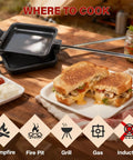 Heavy Duty Cast Iron Campfire Pie Maker Set For Camping Hobo Pie Iron For Sandwiches And Desserts shown with grilled sandwich