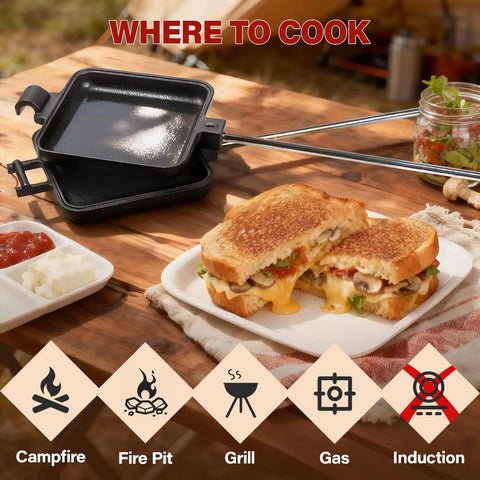 Heavy Duty Cast Iron Campfire Pie Maker Set For Camping Hobo Pie Iron For Sandwiches And Desserts shown with grilled sandwich