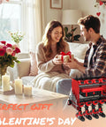 Couple exchanging gift with Power Tool Organizer Wall Mount With Charging Station in living room, candles and flowers visible.