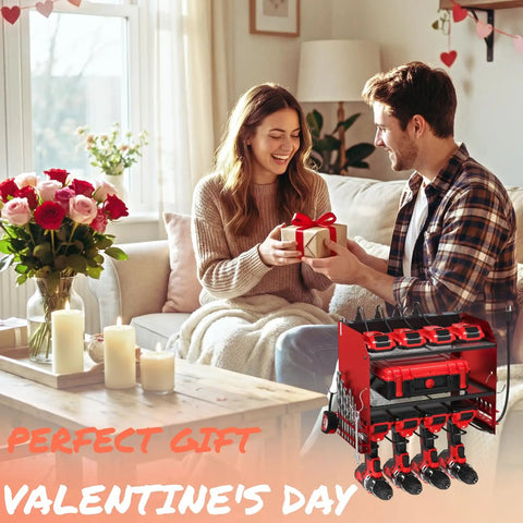 Couple exchanging gift with Power Tool Organizer Wall Mount With Charging Station in living room, candles and flowers visible.
