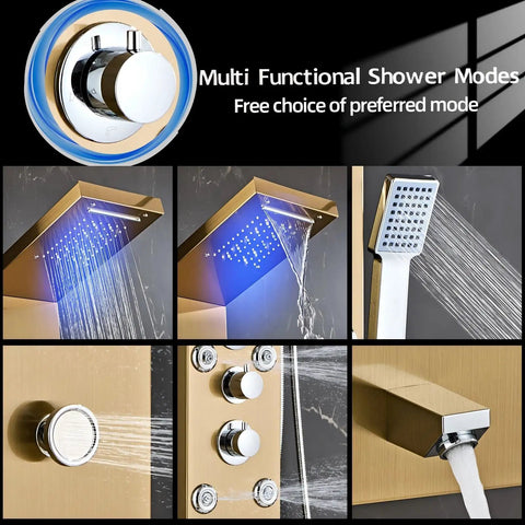 Heavy Duty Led Five In One Shower Panel Tower System With Brushed Gold Finish And Rock Solid 304 Stainless Steel Frame For Quick Hookup And Daily Showers