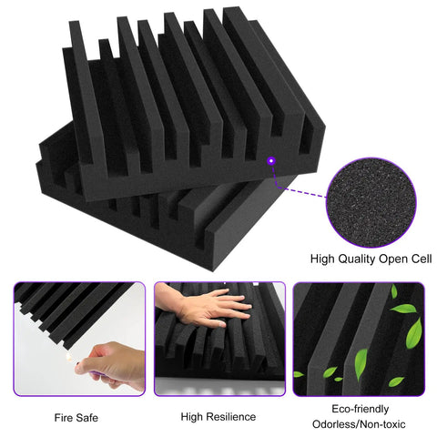 Silence The Studio Echo Dead In Its Tracks With These Thick High Density Sound Absorbing Foam Panels 12 Pack stacked, showing high quality open cell material.